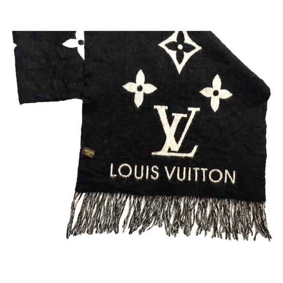 LOUIS VUITTON LV Reykjavik Black & Grey Reversible Cashmere Scarf Pre-Owned $995 - Picture 12 of 16